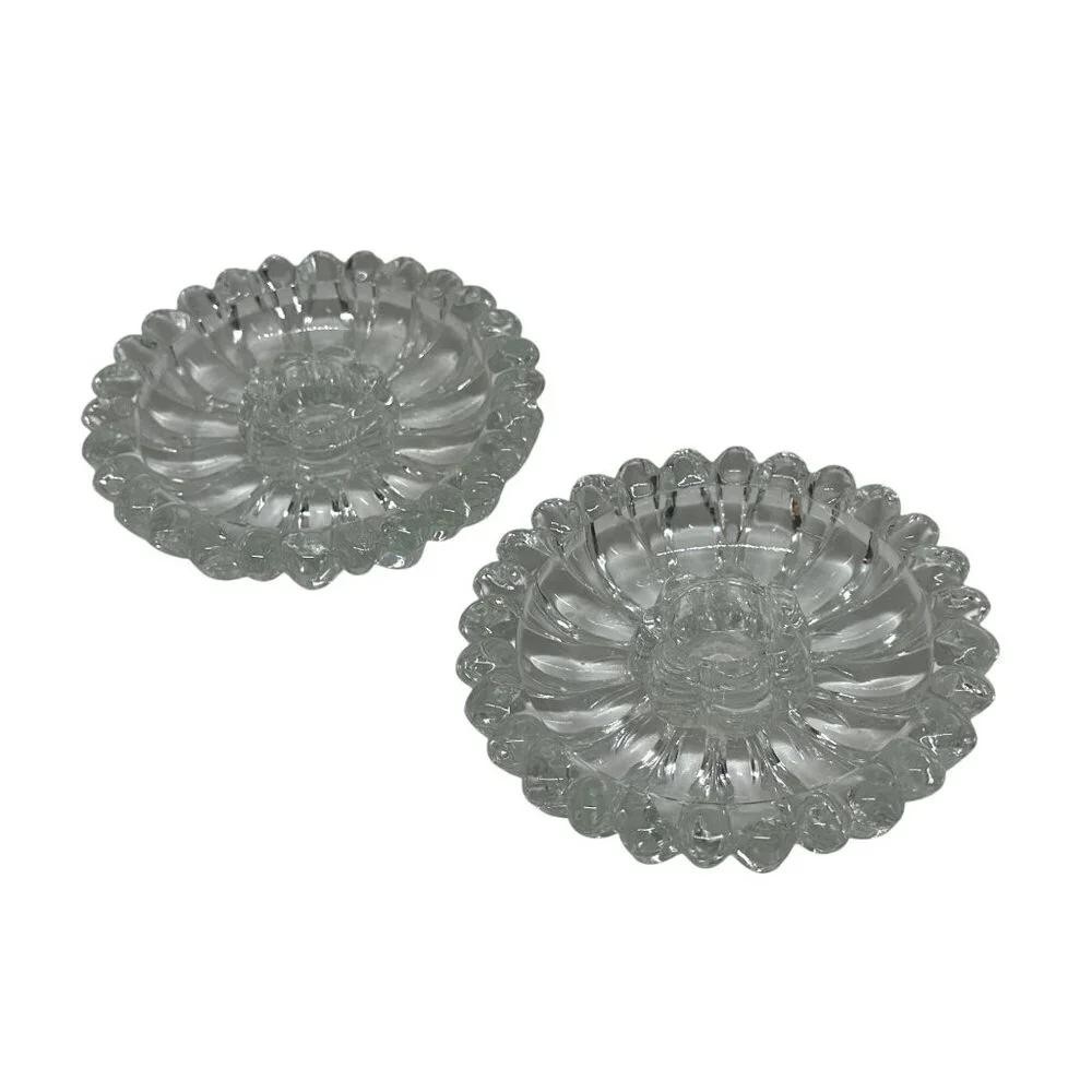 VTG 60s Hazel-Atlas Daisy Clear Glass Candle Holders Set of 2 Candlesticks 4.25